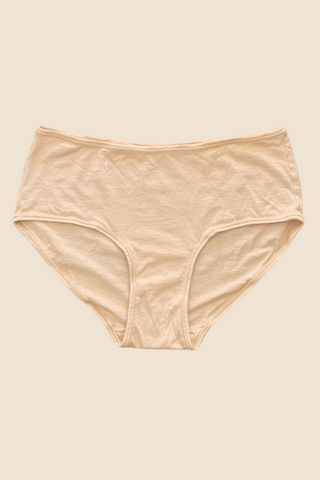 Front view of Organic Cotton Hipster in almond – sits below waist, lightweight feel with soft, form-flattering seams